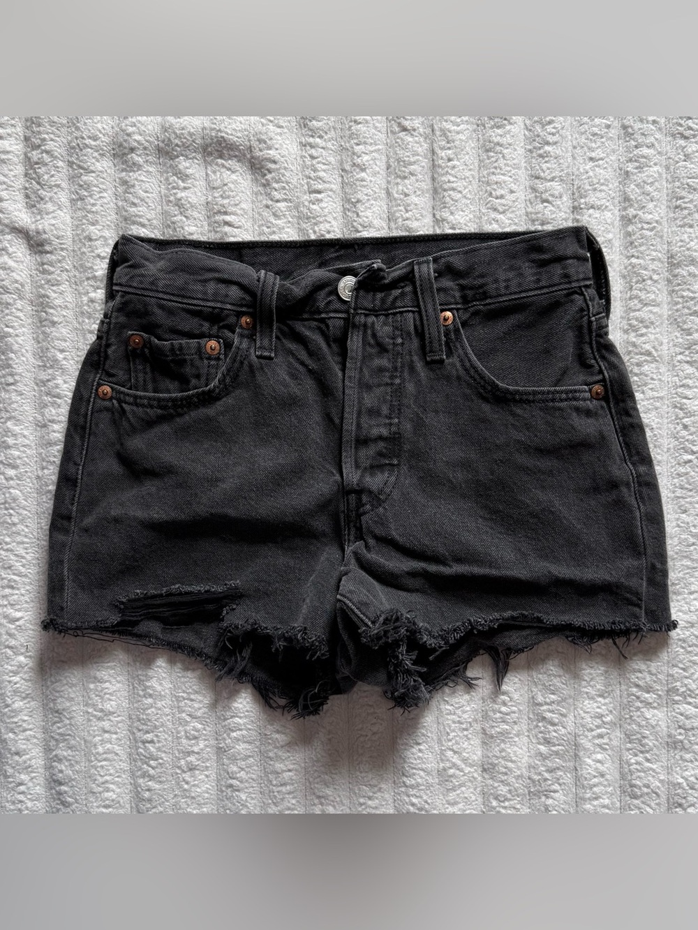 Levi's High Waisted 501 Black Denim Cutoff Shorts With Frayed Raw Hem W24